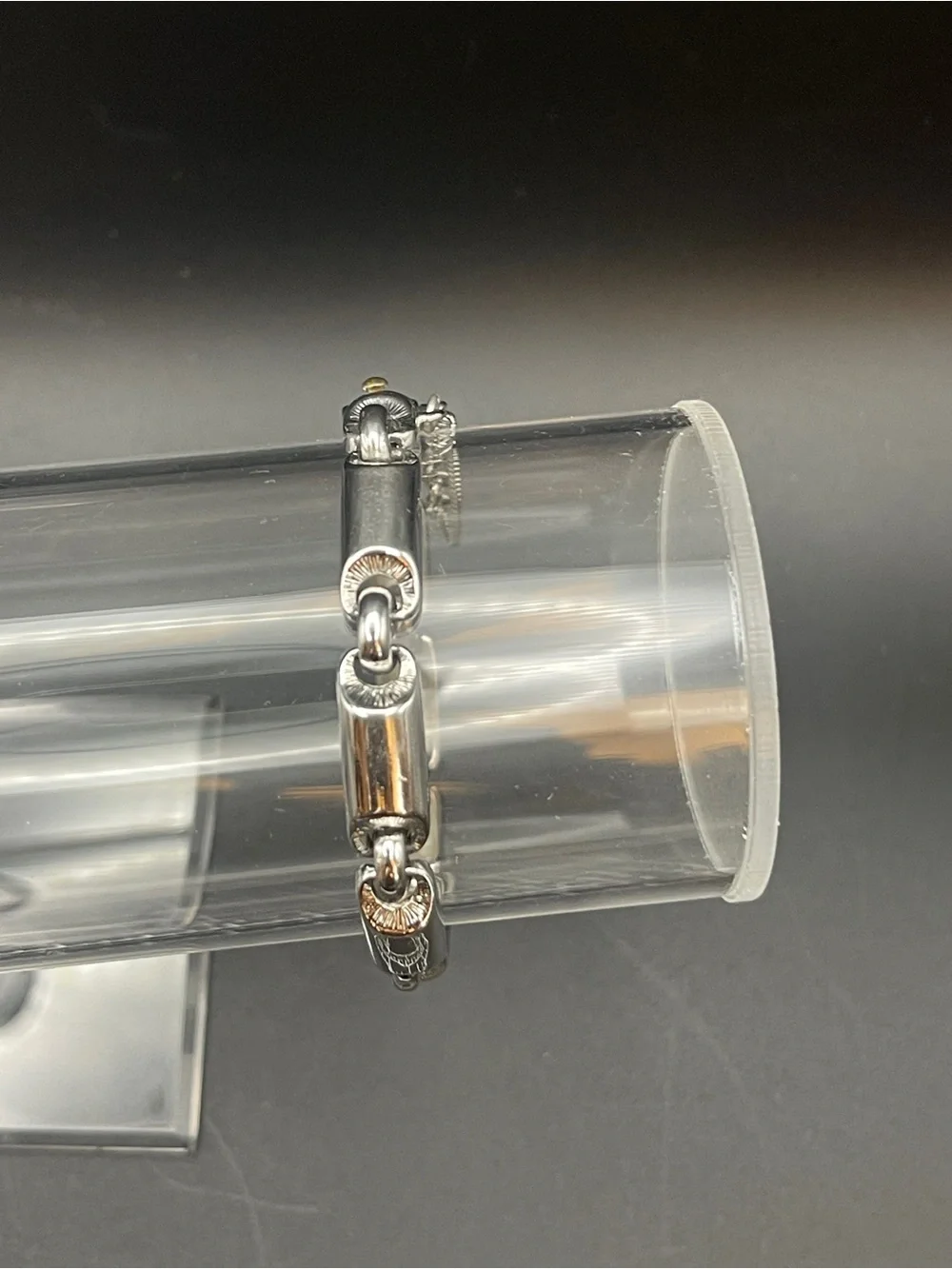MONET Silver Tone Barrel Link Bracelet Fold Over Clasp Safety Chain Signed 7”